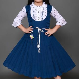 Girls Below Knee Casual Dress (Blue, 3/4 Sleeve)