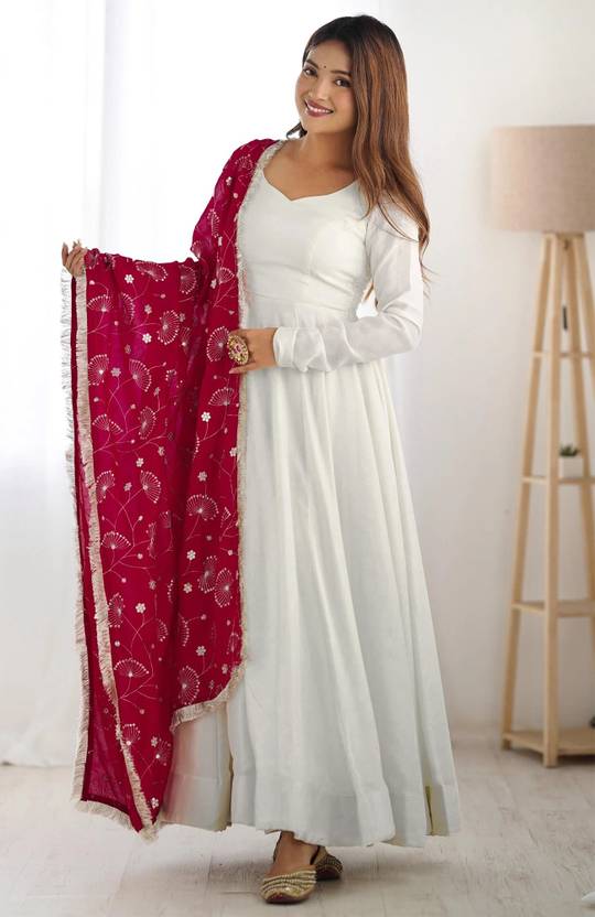 Embroidered Georgette Stitched Anarkali Gown (White)