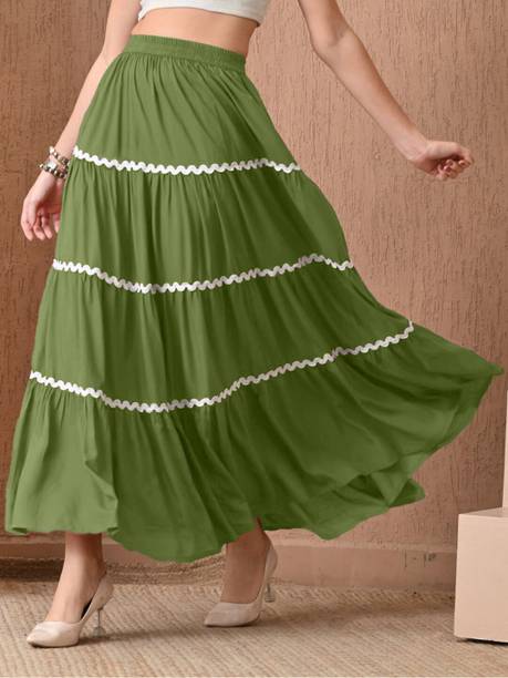 Deklook Women Self Design Flared Green Skirt