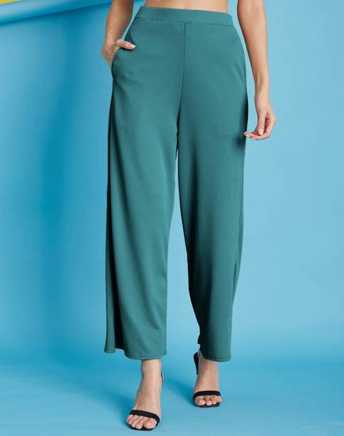 Selvia Women Relaxed Dark Green Lycra Blend Trousers