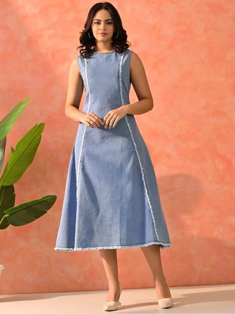 Thapnath Women A-line Blue Midi/Calf Length Dress